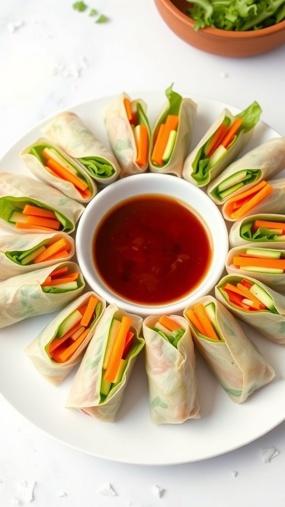 A plate of vegetarian spring rolls with a bowl of dipping sauce in the center.