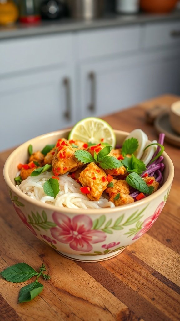 A colorful bowl of Spicy Thai Basil Chicken Spring Roll Bowl with rice noodles, chicken, fresh herbs, and lime.