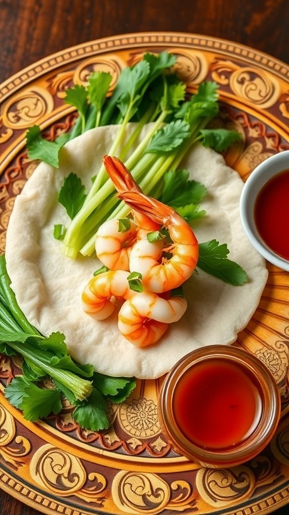 Banh Hoi with shrimp, fresh herbs, and dipping sauce on a decorative plate.