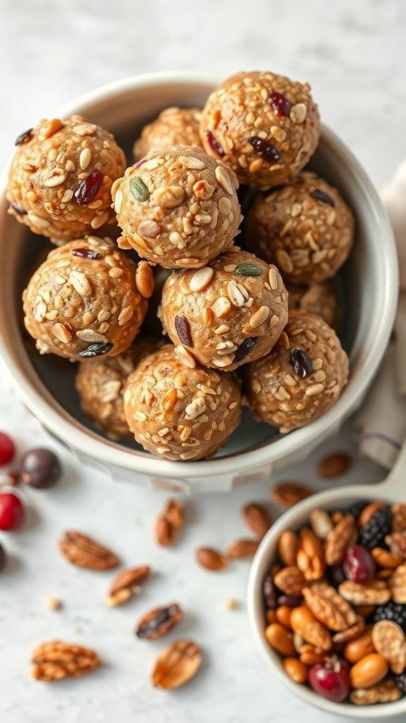 A bowl of Fruity Trail Mix Energy Bites made of nuts, seeds, and dried fruits.