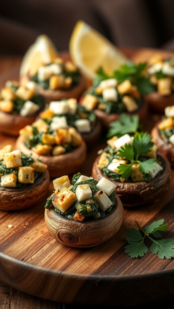 Savory spinach and feta stuffed mushrooms arranged on a wooden platter with lemon wedges and fresh herbs.