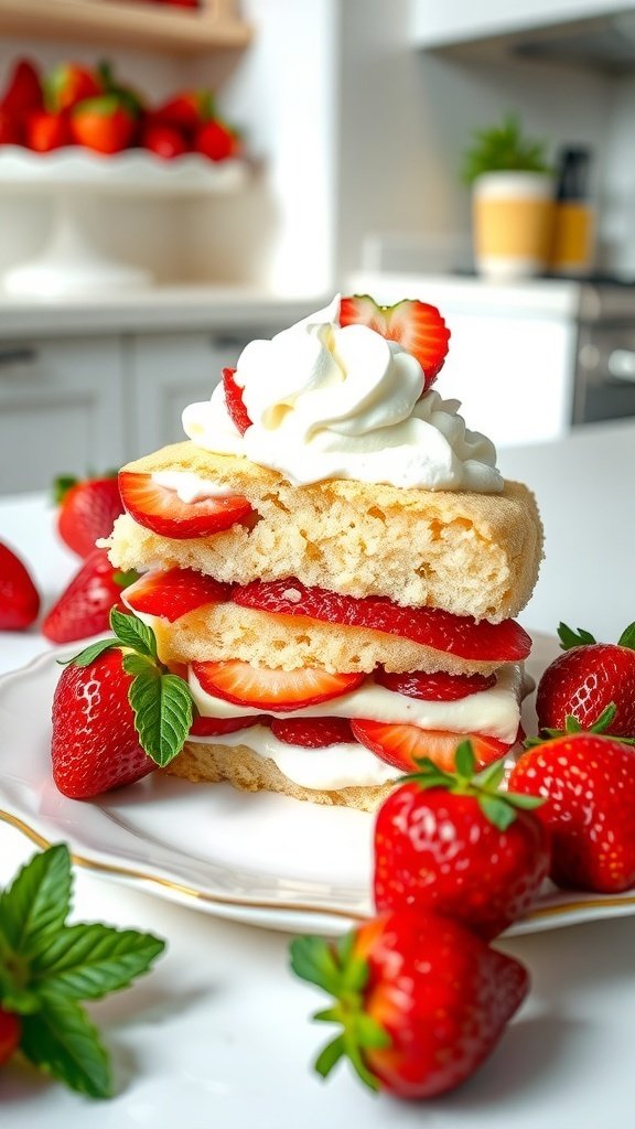 A layered strawberry shortcake with whipped cream and fresh strawberries on a plate.