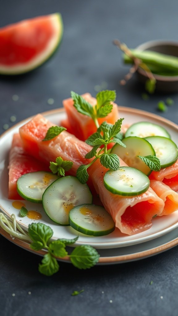 A plate of watermelon spring roll salad featuring watermelon strips, cucumber slices, and mint leaves.