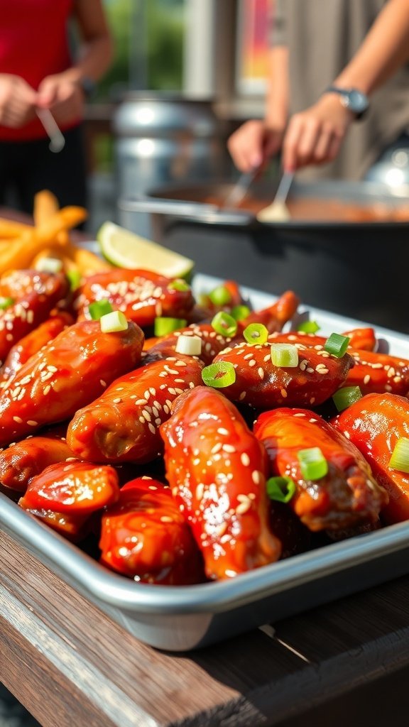 A platter of sweet and tangy BBQ chicken wings garnished with green onions and sesame seeds.