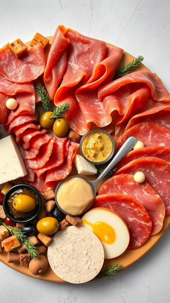 A vibrant charcuterie board featuring various meats, cheeses, olives, and accompaniments.