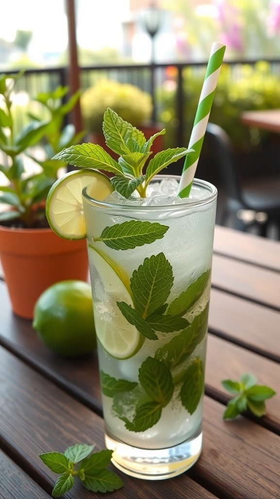 A refreshing Minty Fresh Mojito cocktail with mint leaves and lime, served in a tall glass with a striped straw.