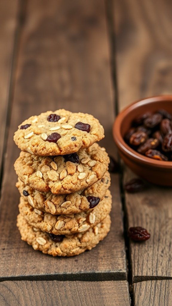 Stack of crispy oatmeal raisin cookies with a bowl of raisins.