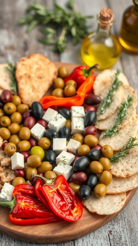 A Mediterranean-inspired charcuterie board featuring olives, feta cheese, bell peppers, and pita chips.