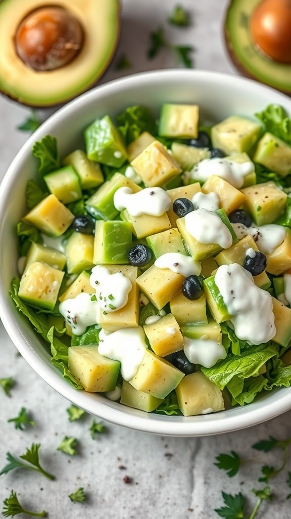 A bowl of creamy avocado and cucumber spring mix salad with diced cucumbers, avocado, black olives, and a creamy dressing.