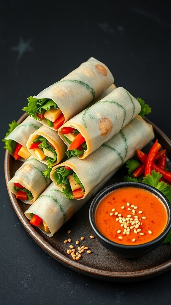 A plate of spicy tofu spring rolls with fresh vegetables and a dipping sauce