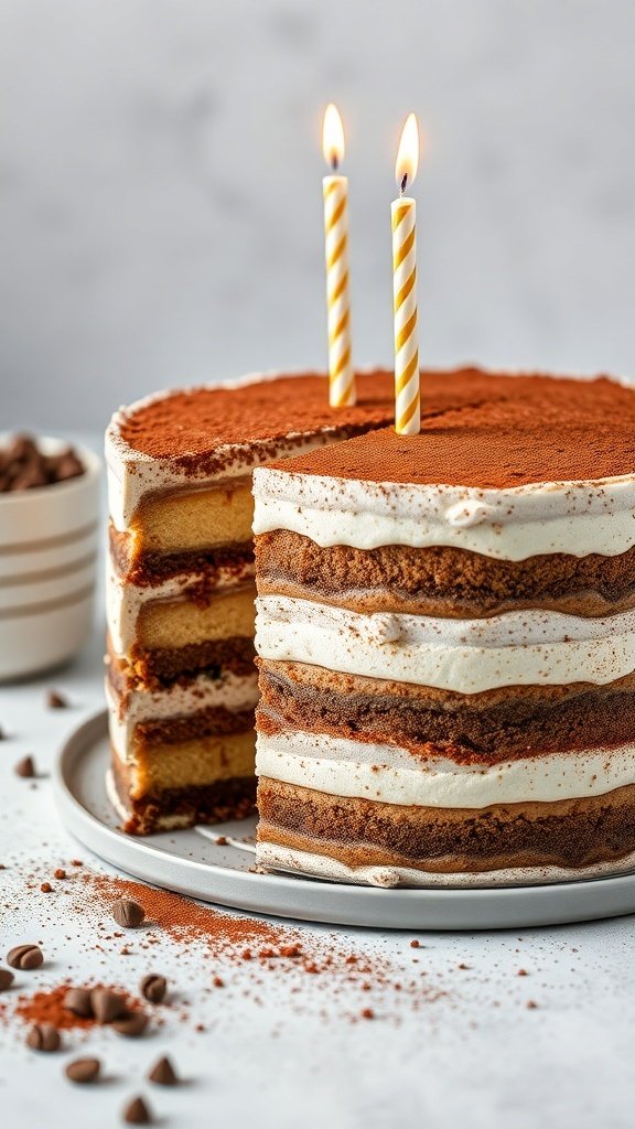A layered tiramisu birthday cake with candles on top, showcasing rich layers of coffee-soaked sponge and creamy filling.
