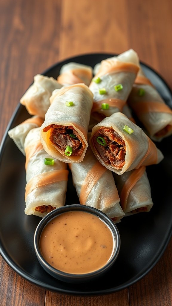 A plate of duck spring rolls with peanut sauce, garnished with green onions.