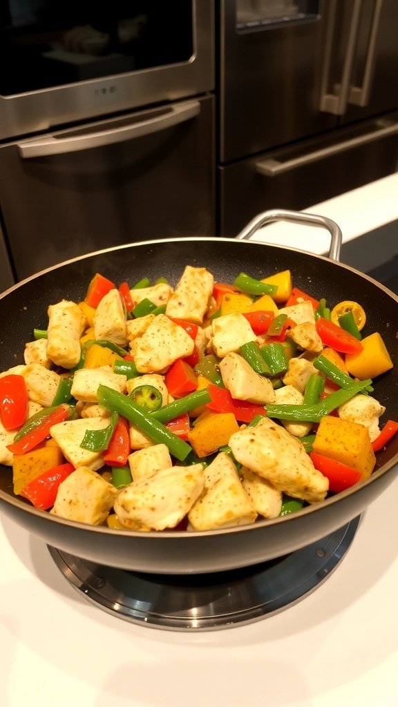 A colorful stir-fry with chicken and various vegetables in a skillet.