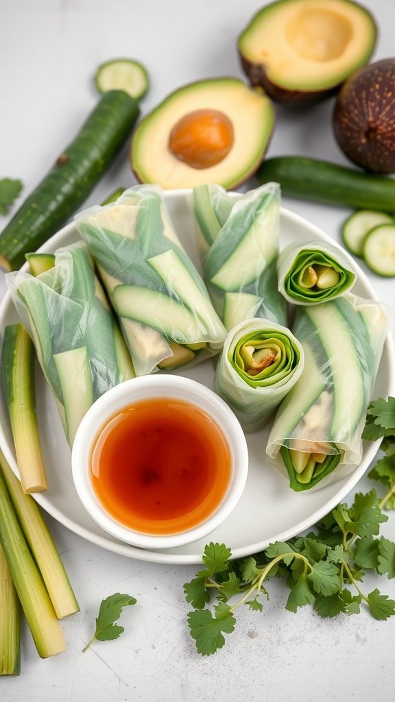 Cucumber and avocado spring rolls on a plate with dipping sauce and fresh ingredients around.