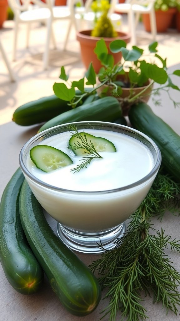 A bowl of refreshing cucumber and yogurt soup garnished with cucumber slices and dill, surrounded by fresh cucumbers.