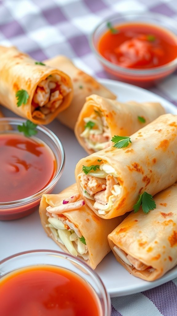 BBQ chicken spring rolls with coleslaw filling served with dipping sauce