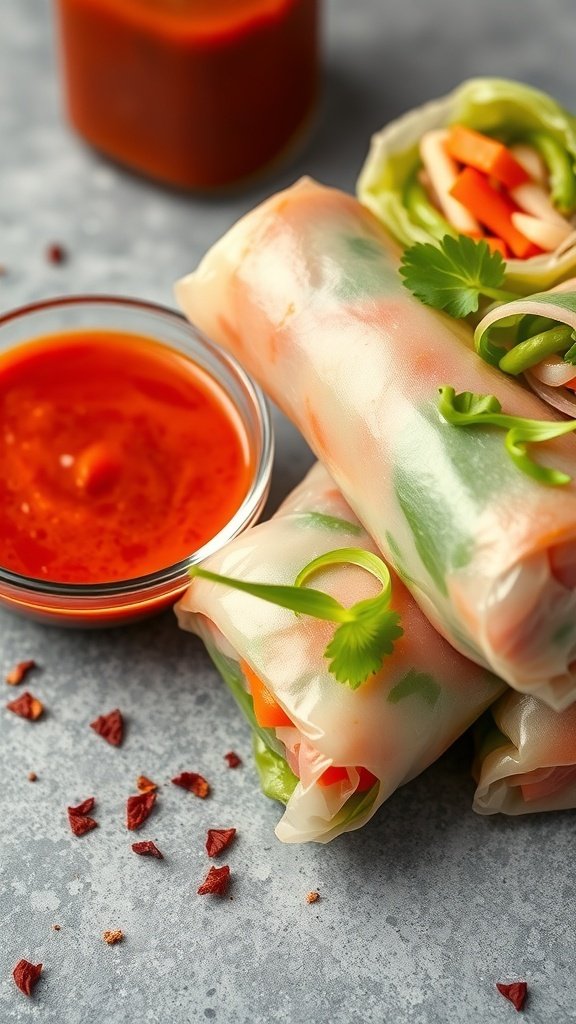 Spicy Sriracha peanut sauce served with fresh spring rolls