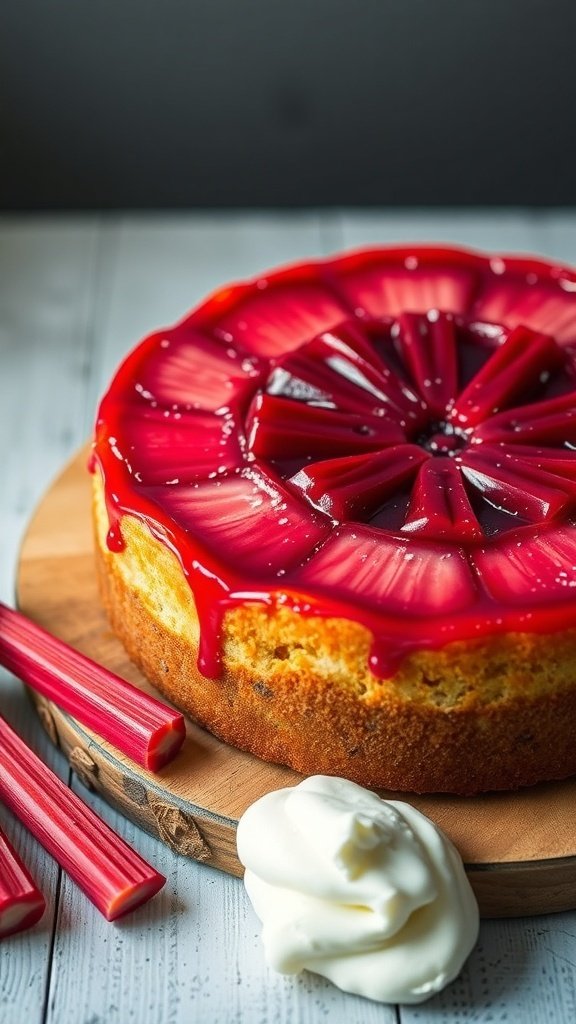 A rhubarb upside-down cake with a glossy red topping and a side of whipped cream.