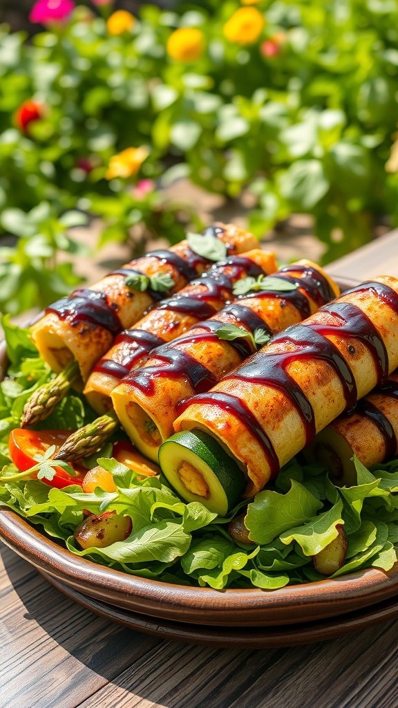 A colorful grilled vegetable spring roll salad with balsamic glaze on a wooden table