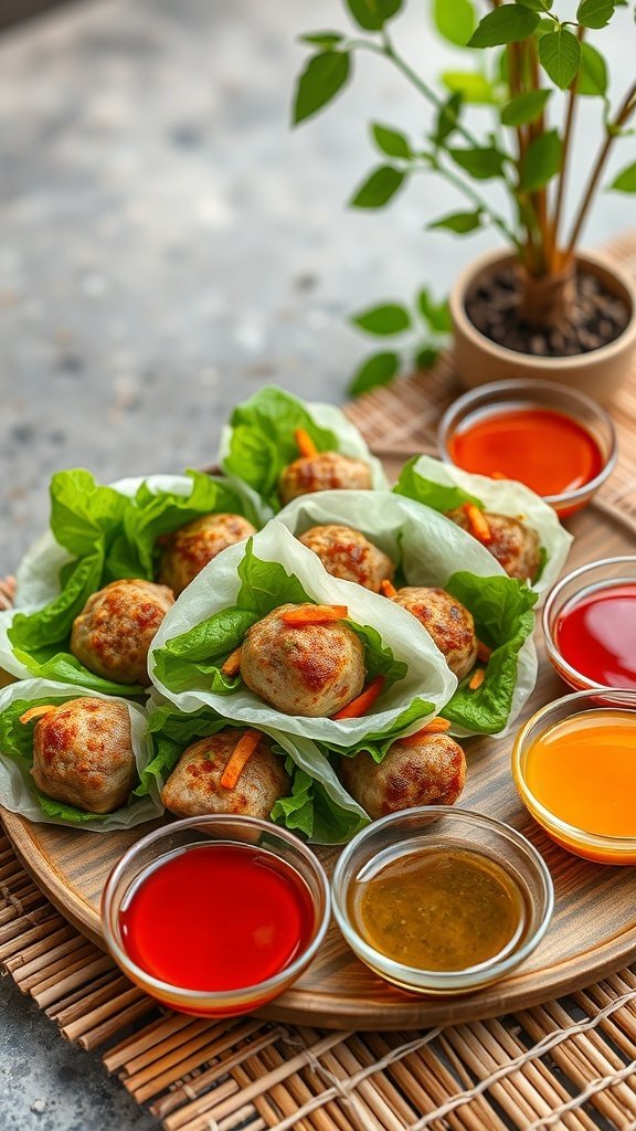 Vietnamese spring rolls with pork and veggies served with colorful dipping sauces