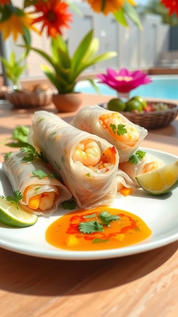 Mango and shrimp spring rolls with a zesty dip, garnished with cilantro and lime