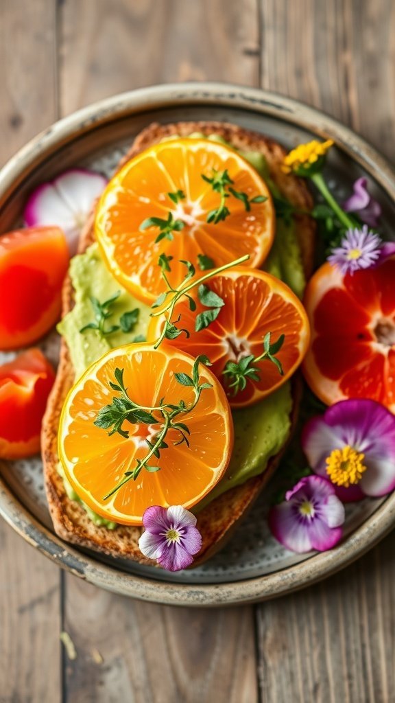 Bright citrus avocado toast with orange slices and edible flowers on a plate