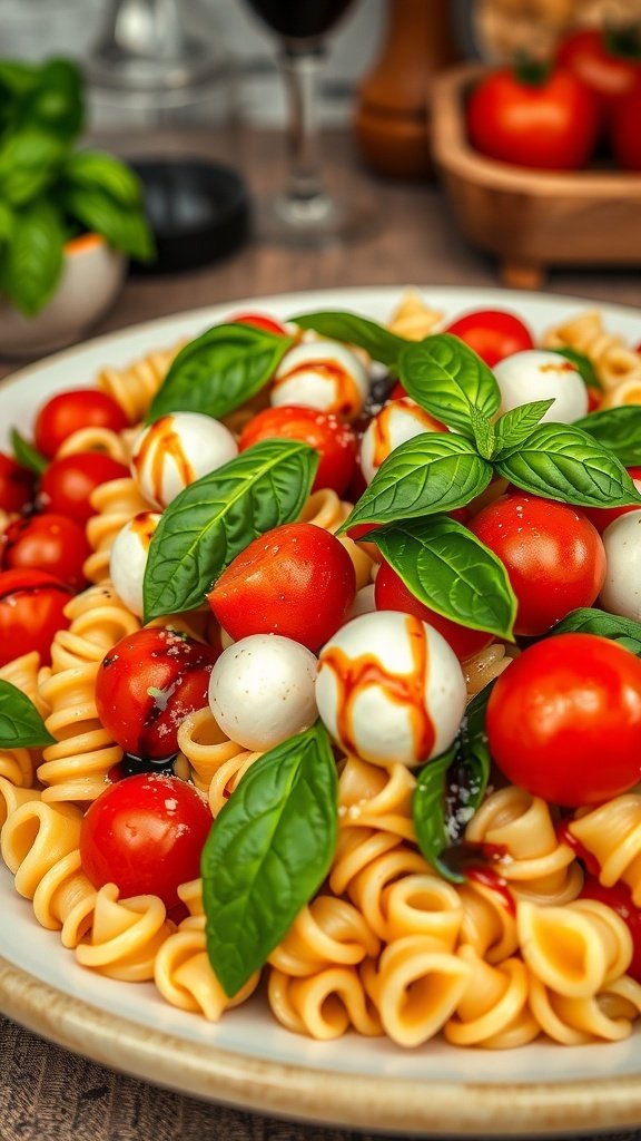 A vibrant Caprese pasta salad featuring rotini pasta, cherry tomatoes, mozzarella balls, and fresh basil, drizzled with balsamic glaze.