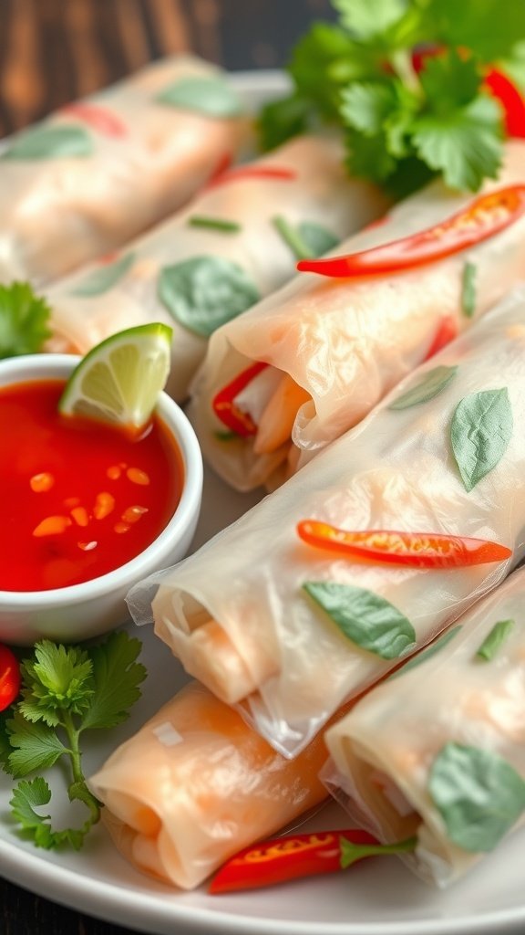 Fresh spring rolls with a spicy Thai chili dipping sauce, garnished with cilantro and red chilies.