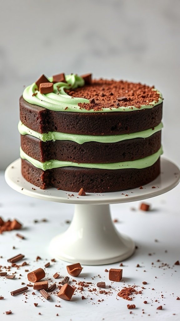 A chocolate mint layer cake with three layers, topped with mint frosting and chocolate shavings.