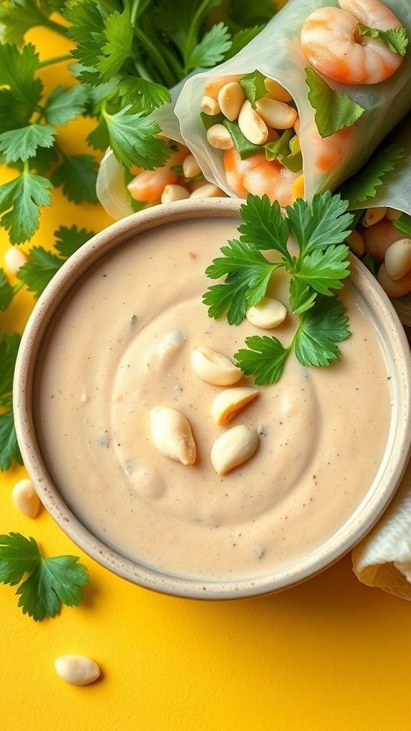 A bowl of herbed cilantro peanut sauce with fresh spring rolls and cilantro leaves.