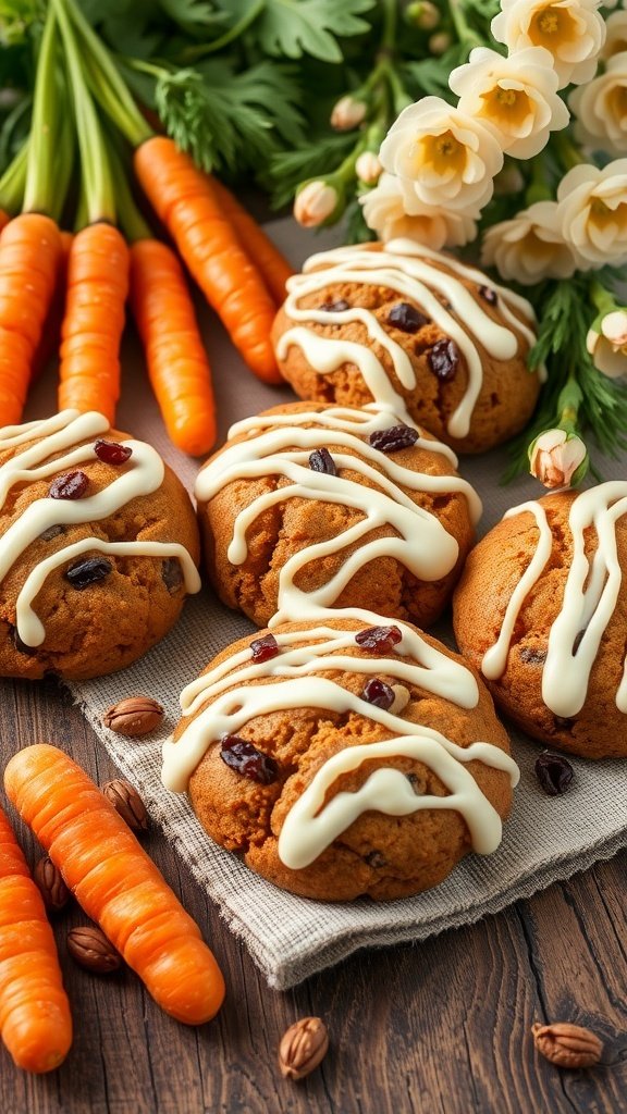 Carrot cake cookies with icing and fresh carrots