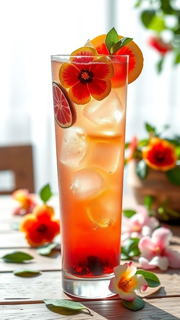 A colorful iced tea garnished with flowers and citrus slices, surrounded by fresh blooms.