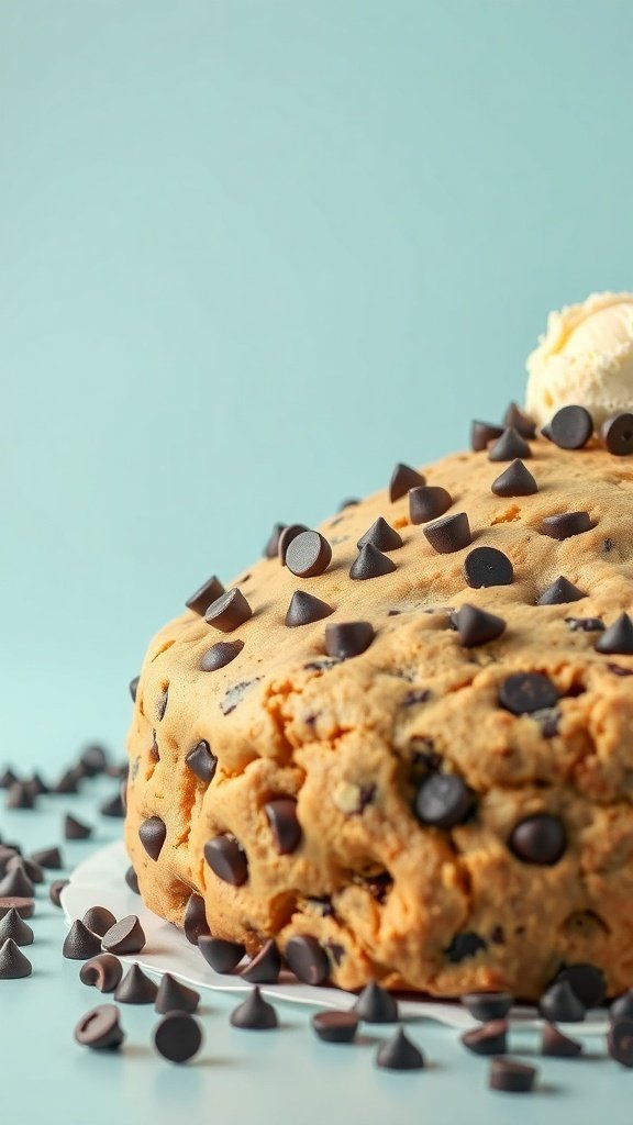 A delicious chocolate chip cookie cake topped with chocolate chips and a scoop of ice cream