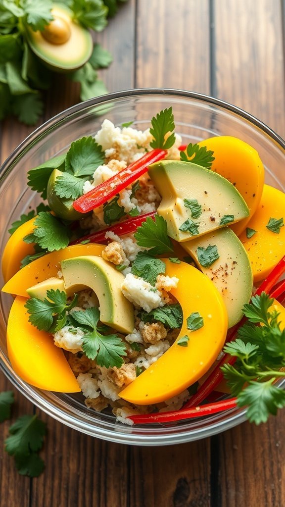 A vibrant salad featuring mango, avocado, red bell pepper, and cilantro in a clear bowl.