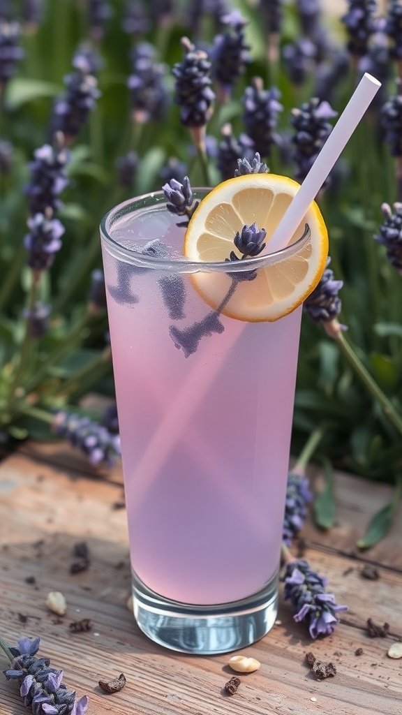 A refreshing glass of lavender lemonade garnished with a lemon slice and lavender sprigs, set against a backdrop of blooming lavender flowers.