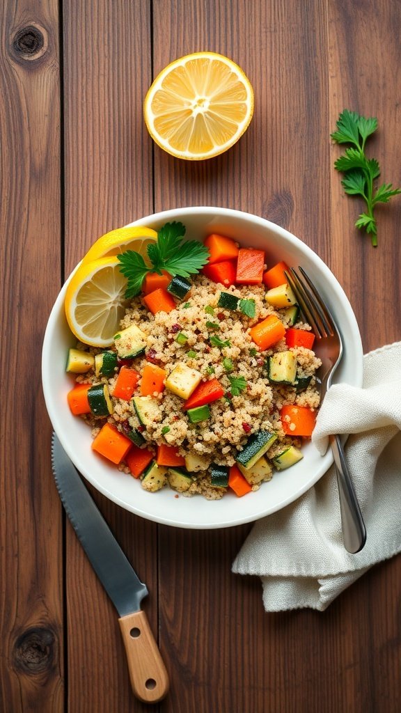 A bowl of hearty quinoa and roasted vegetable salad with lemon slices on the side.