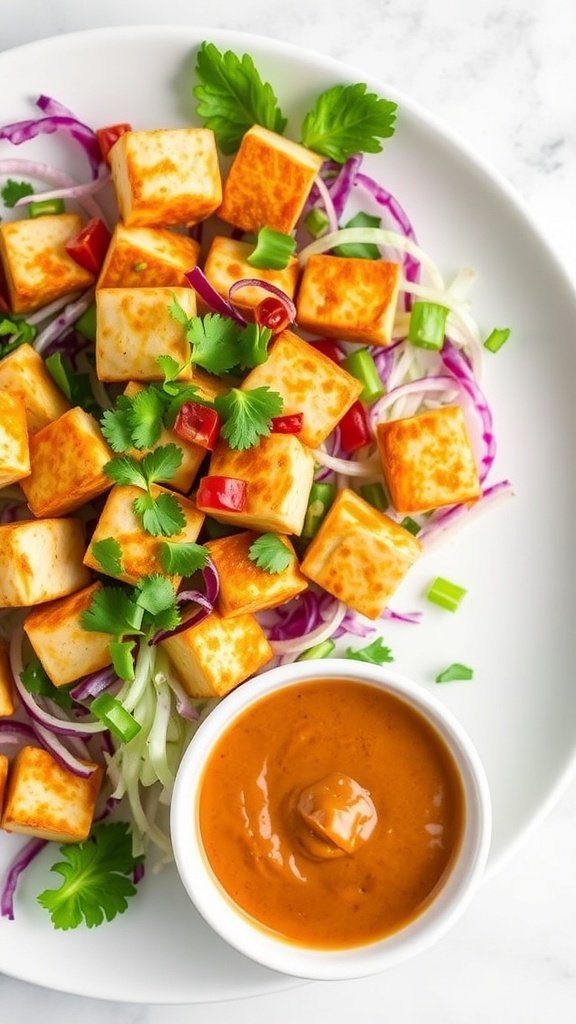 A colorful Spicy Tofu Spring Roll Salad with crispy tofu, fresh vegetables, and a side of peanut sauce.
