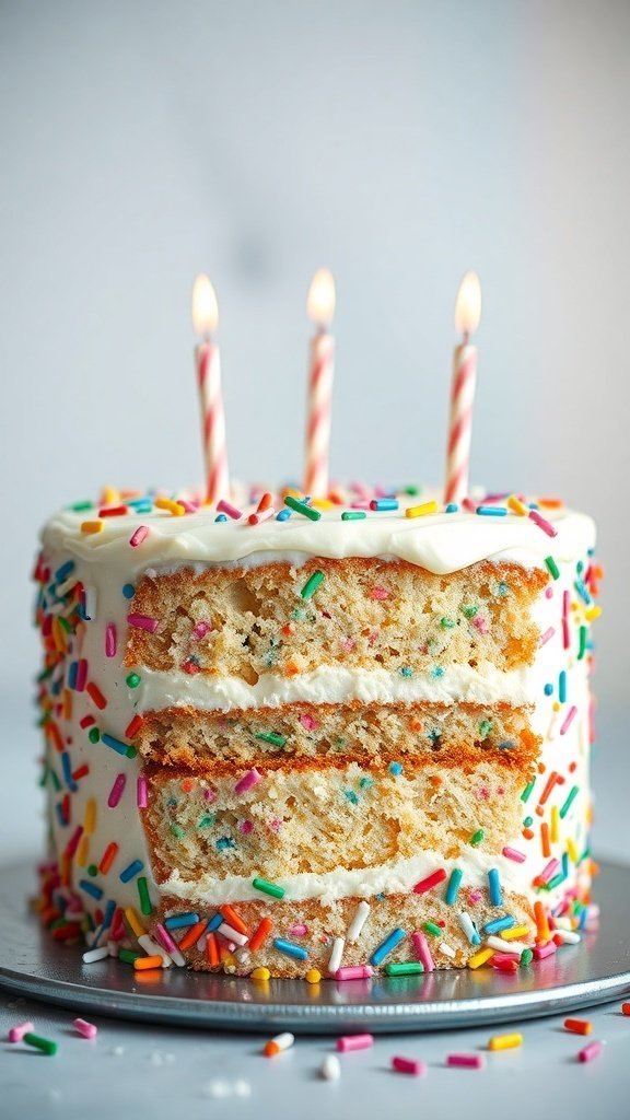 A colorful Funfetti Celebration Cake with sprinkles and candles on top.