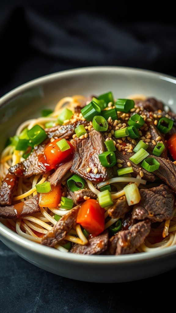 A bowl of savory beef spring roll salad topped with hoisin sauce, green onions, and sesame seeds.