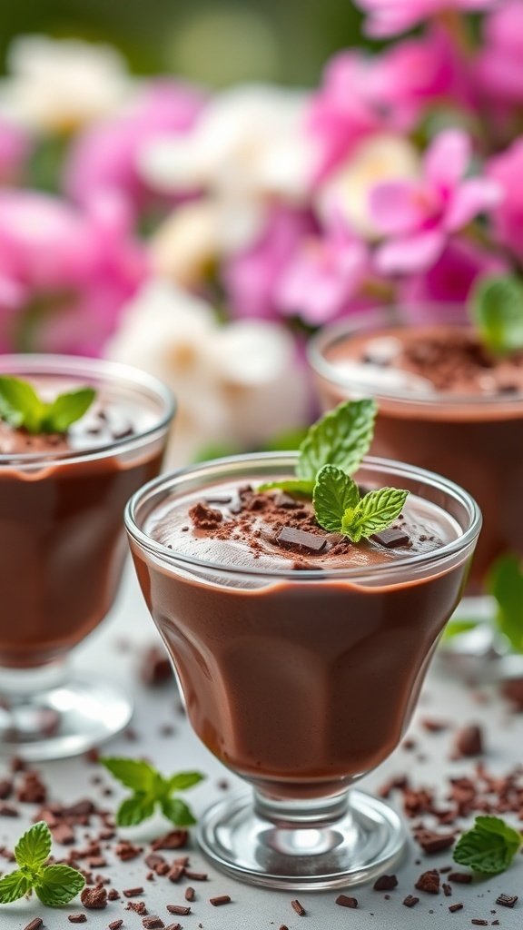 Chocolate mousse served in elegant cups with mint leaves and chocolate shavings, surrounded by spring flowers.
