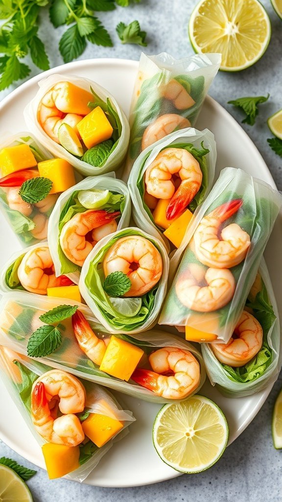 A plate of refreshing mango and shrimp spring rolls with lime dressing, garnished with mint leaves.