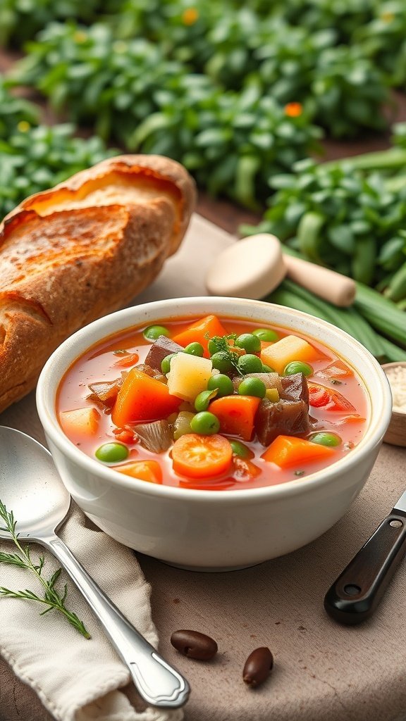 A bowl of classic spring vegetable minestrone soup with fresh vegetables and a side of bread.