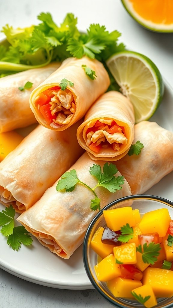 Sweet and sour chicken spring rolls with mango salsa on a plate