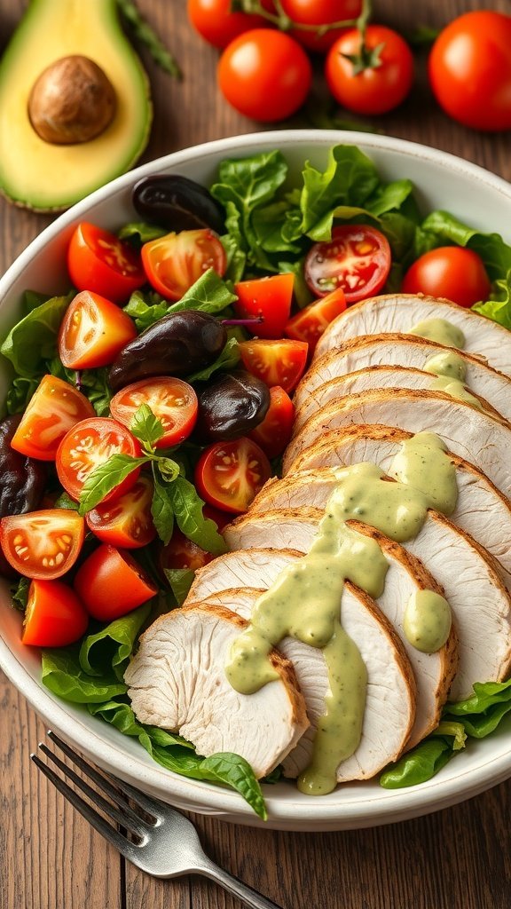 A colorful salad with sliced chicken, cherry tomatoes, black olives, and avocado dressing on a bed of greens.