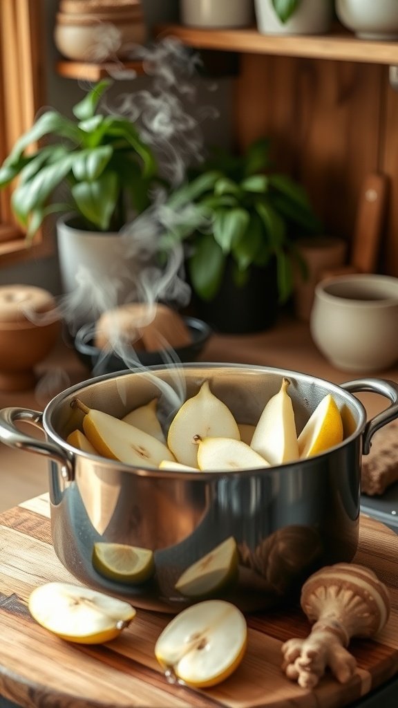 A pot with sliced pears and ginger, steaming on a wooden surface.