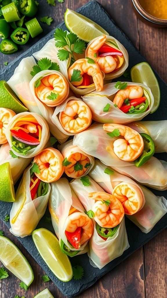 A plate of zesty shrimp spring rolls with jalapeño and lime, garnished with cilantro.