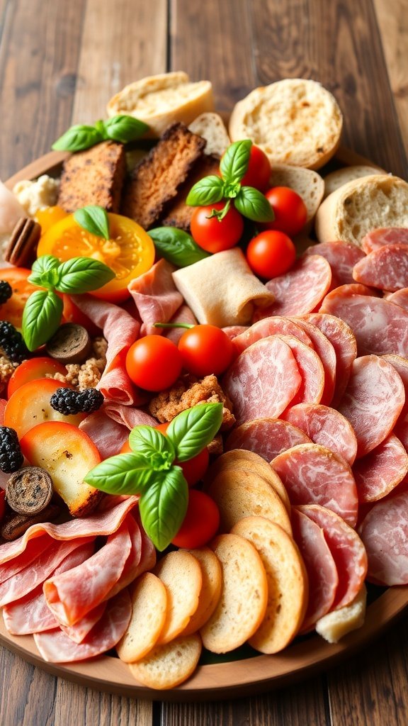 A beautifully arranged Italian antipasto board featuring cured meats, cheeses, fresh vegetables, and bread.