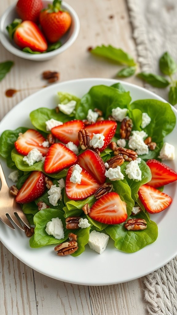 A fresh salad with spinach, sliced strawberries, goat cheese, and pecans on a white plate.