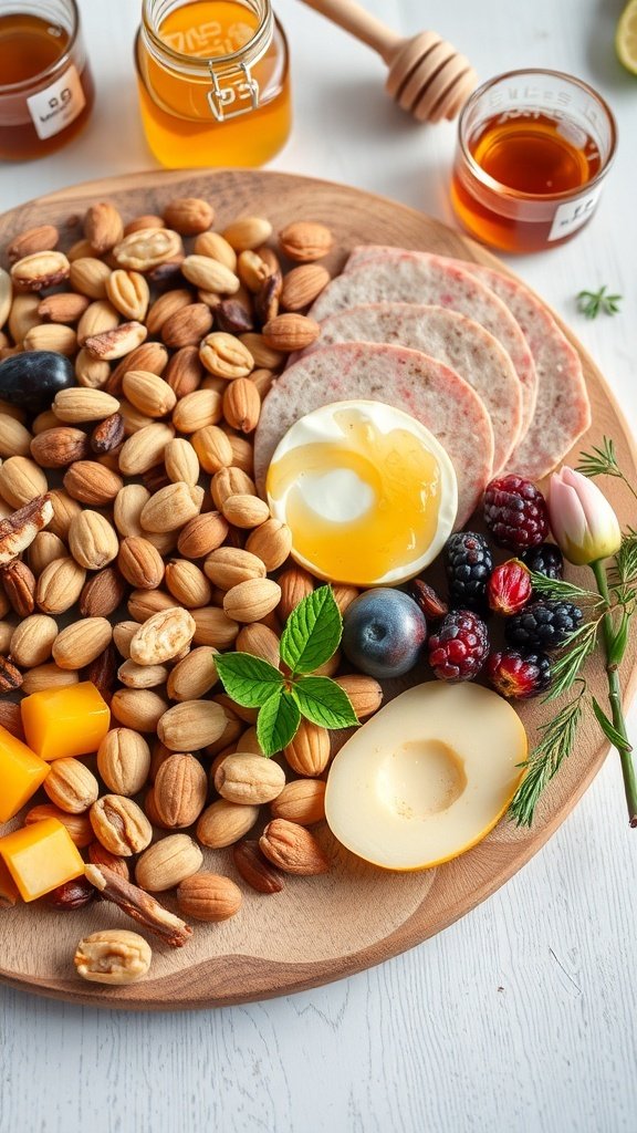 A spring charcuterie board featuring nuts, honey, cheese, and fresh berries.