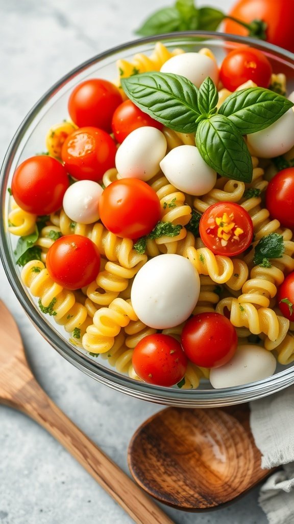 A bowl of zesty pesto pasta salad with cherry tomatoes and mozzarella